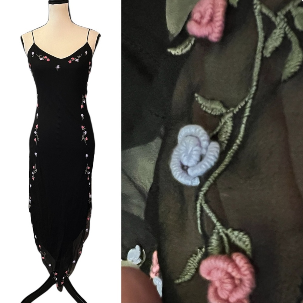 Vintage Betsey Johnson New York Silk Sheer Mesh Embroidered 3D Floral Slip Dress